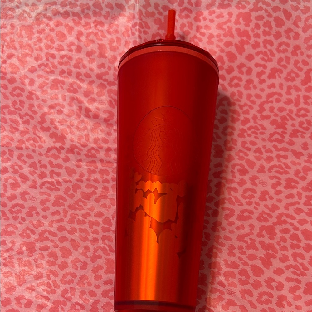 Starbucks Vibrant Red Tumbler with Straw Soft touch with hearts